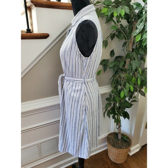 Old Navy Women Blue & White Linen Sleeveless Collared Knee Length Dress Size M - Picture 7 of 16